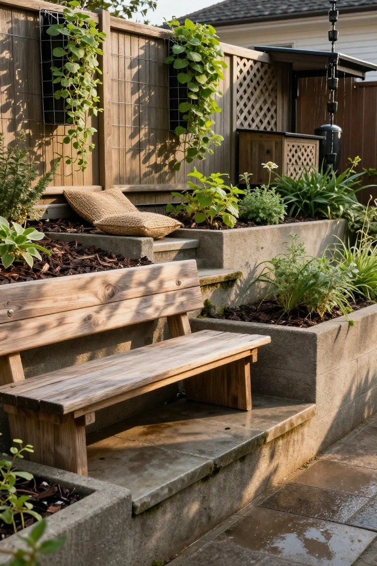 Wooden bench on concrete steps surrounded by tiered raised planters filled with green plants, mulch, and soil, with a wooden fence covered in climbing vines in a backyard.