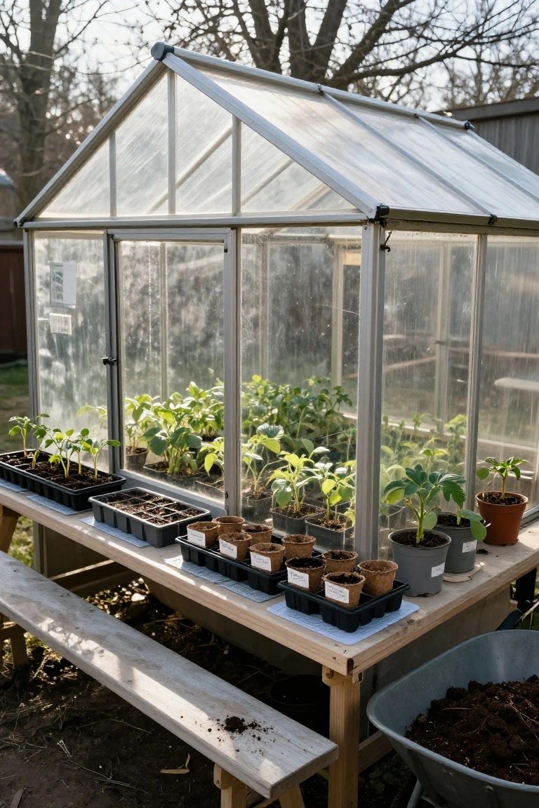 Small metal-framed greenhouse in a backyard holding young green seedlings, with black seedling trays and potted plants on a wooden table outside and a wheelbarrow of soil nearby.