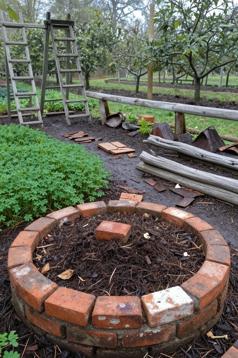 A circular raised garden bed constructed from reclaimed bricks and filled with dark soil and mulch, surrounded by scattered bricks, wood pieces, and greenery in a backyard orchard setting.