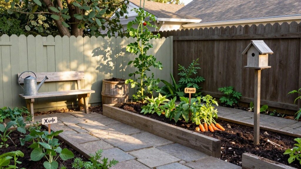 19 Fresh Vegetable Gardening For Beginners Ideas for a Productive Backyard Wooden raised garden beds in a backyard filled with vegetables including carrots, pak choi, tomatoes, and herbs, next to a gray fence, paver paths, watering can, birdhouse, and wooden bench.