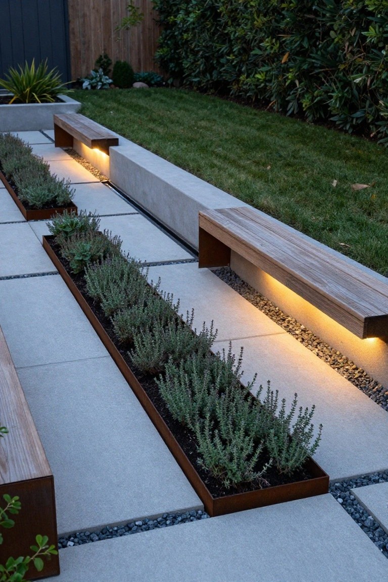 Backyard concrete paver pathway lined with corten steel planters filled with rosemary plants, integrated wooden benches, gravel strips with LED lighting, adjacent grass lawn and hedges.