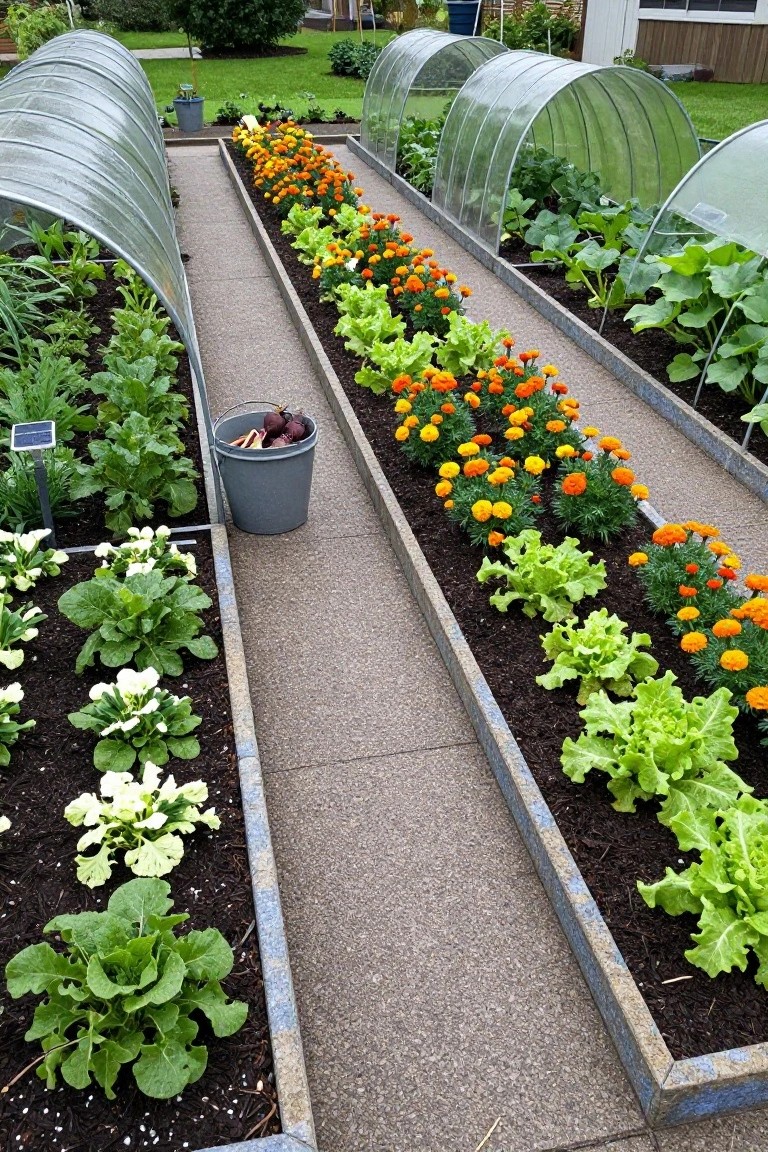 Backyard garden with parallel raised beds planted with vegetables like lettuce and greens, flowers such as marigolds, flanked by curved hoop houses, and a central gravel path with a gray bucket of beets.