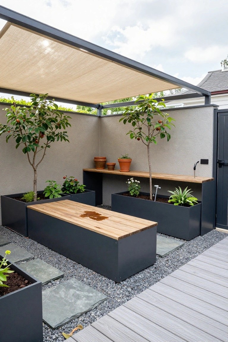 Courtyard with tall gray metal raised planters filled with green plants, vegetables, and herbs, a central planter topped with wooden bench seat, small fruit trees, potted plants on wooden shelf, beige shade canopy overhead, gravel paths, and wood decking.