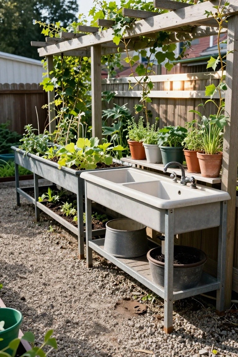 Wooden pergola covered in vines over raised metal garden beds and a double galvanized sink with faucet on legs, with potted herbs and vegetables in a gravel backyard area.