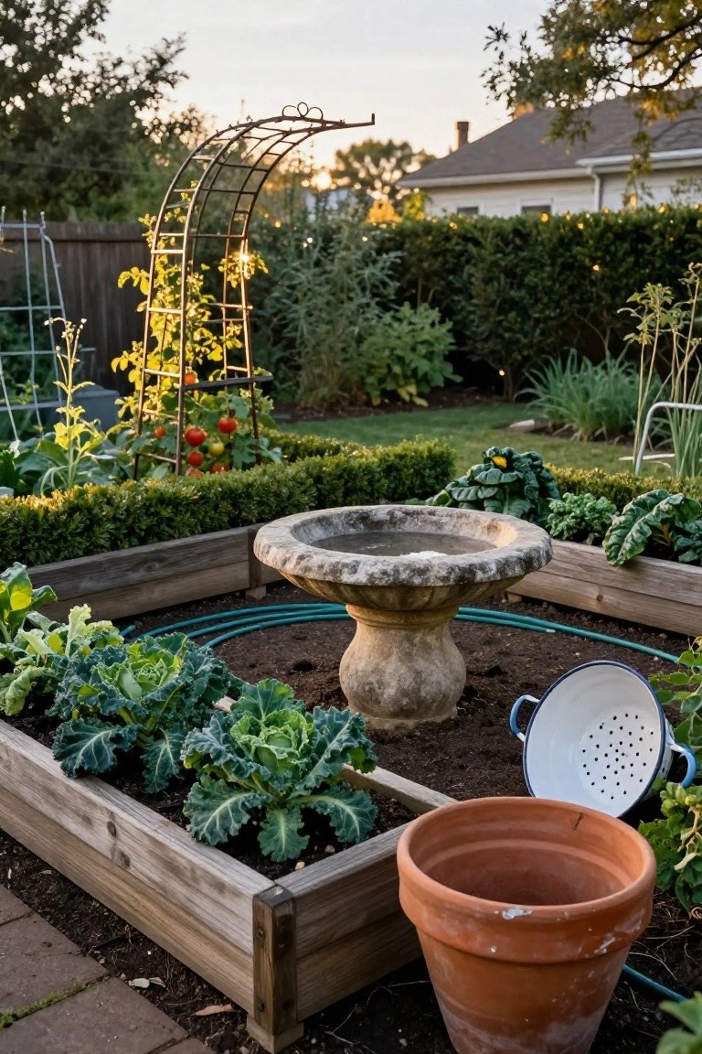 Backyard vegetable garden with wooden raised beds containing kale and cabbage plants, boxwood hedges, a central stone birdbath, a metal trellis supporting tomato vines, a green hose, a white colander, and a terracotta pot on brick paving.