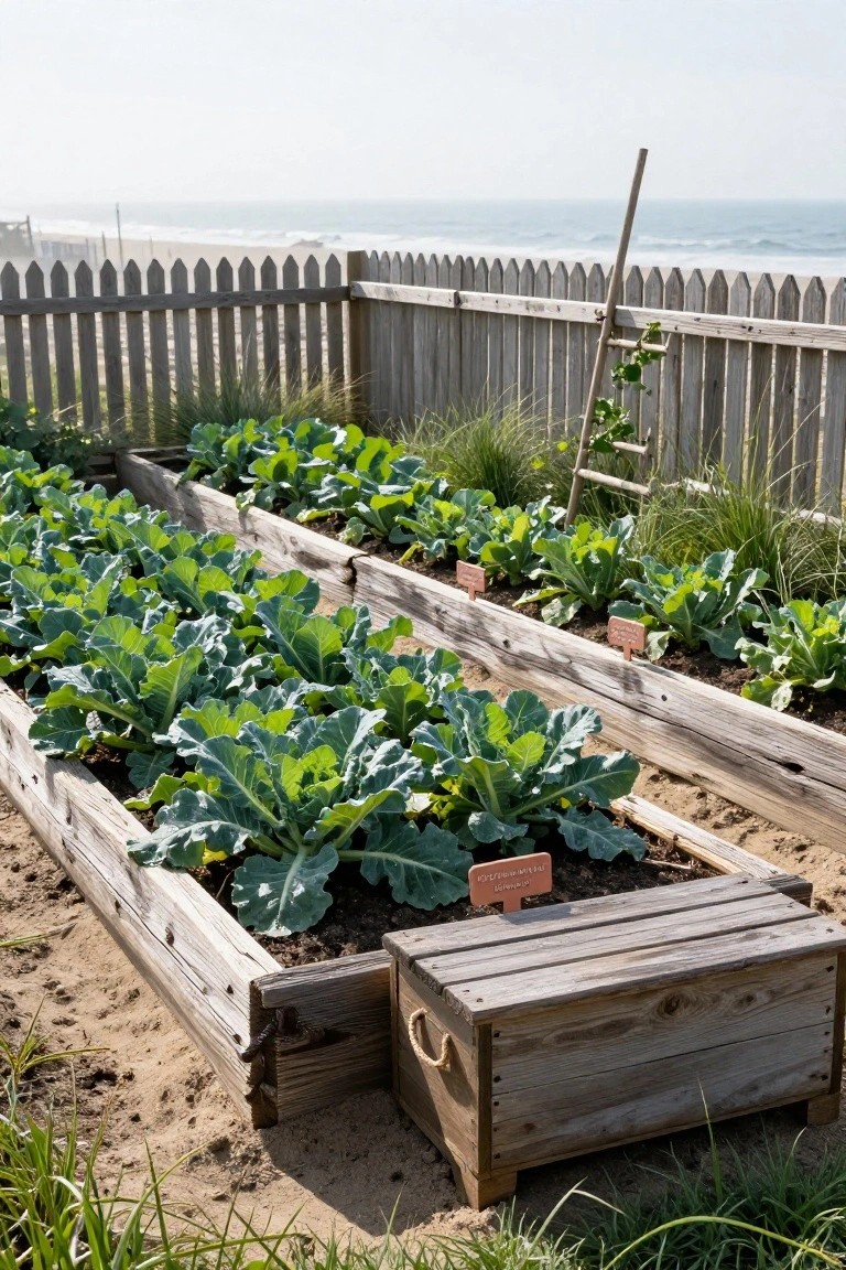 Raised wooden garden beds filled with collard greens and other leafy vegetables in a sandy yard next to a picket fence with ocean view in background.
