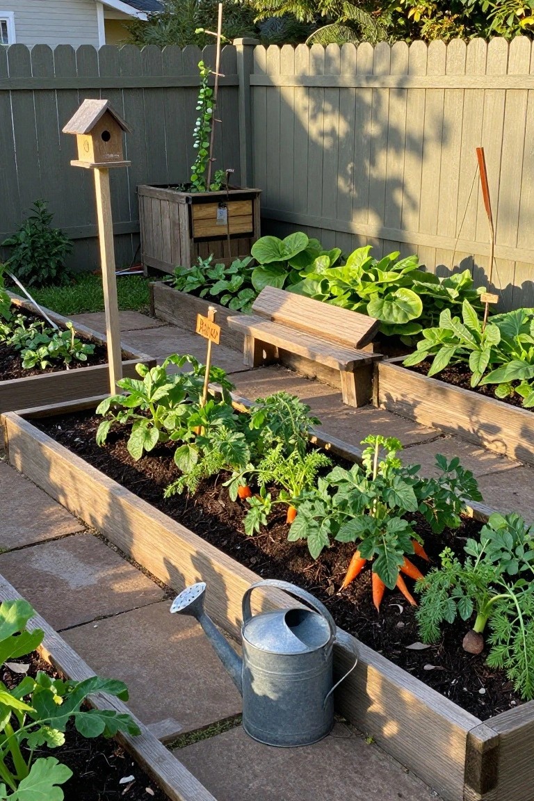 Wooden raised garden beds in a backyard filled with vegetables including carrots, pak choi, tomatoes, and herbs, next to a gray fence, paver paths, watering can, birdhouse, and wooden bench.