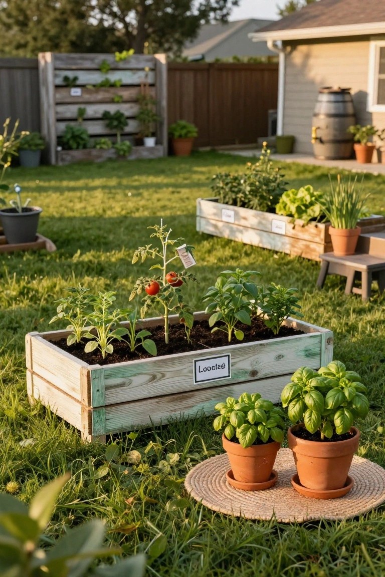 Backyard garden with wooden raised beds labeled "Lettuce" containing young plants, tomato seedlings, basil in terracotta pots, vertical planters on a fence, and a rain barrel beside a house.