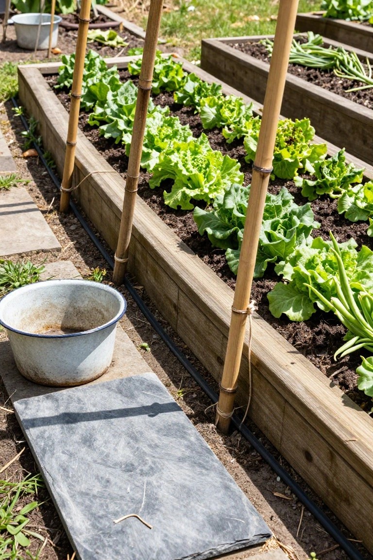 Raised wooden garden beds planted with lettuce, green beans, and other greens, supported by vertical bamboo poles tied with string, positioned on soil near a slate slab and rusty metal bucket.