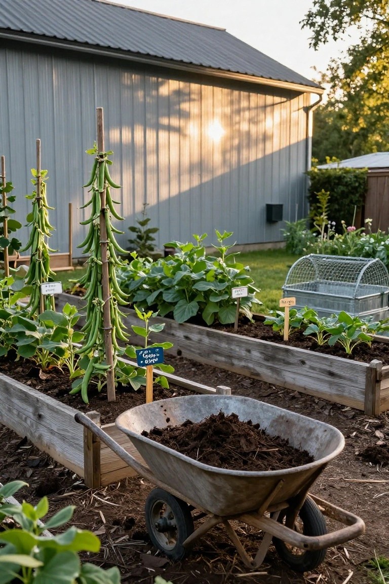 Backyard raised wooden garden beds with tall poles supporting green bean plants, labeled varieties including yardlong beans and squash, a wheelbarrow filled with dark soil, and a gray barn in the background.
