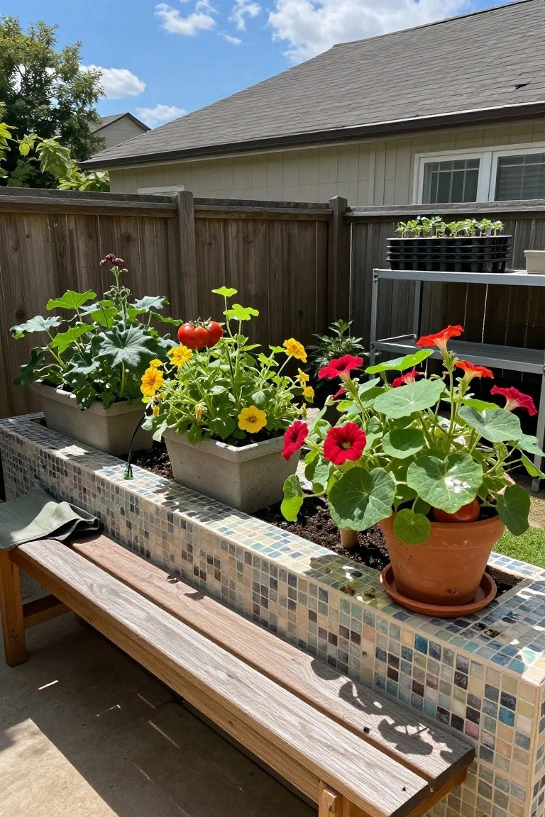 Raised concrete planters along a mosaic-tiled backyard wall containing tomato plants, marigold flowers, nasturtium plants, and other greenery, with a wooden bench nearby, seedling trays on metal shelves, and a house and fence in the background.