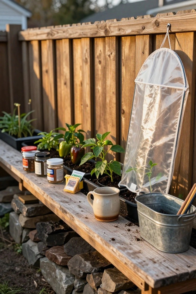 Wooden bench against a backyard fence with potted pepper plants, seedlings in pots and a hanging clear protective cover, jars of spices or soil, a ceramic mug, and a metal bucket holding gardening tools.
