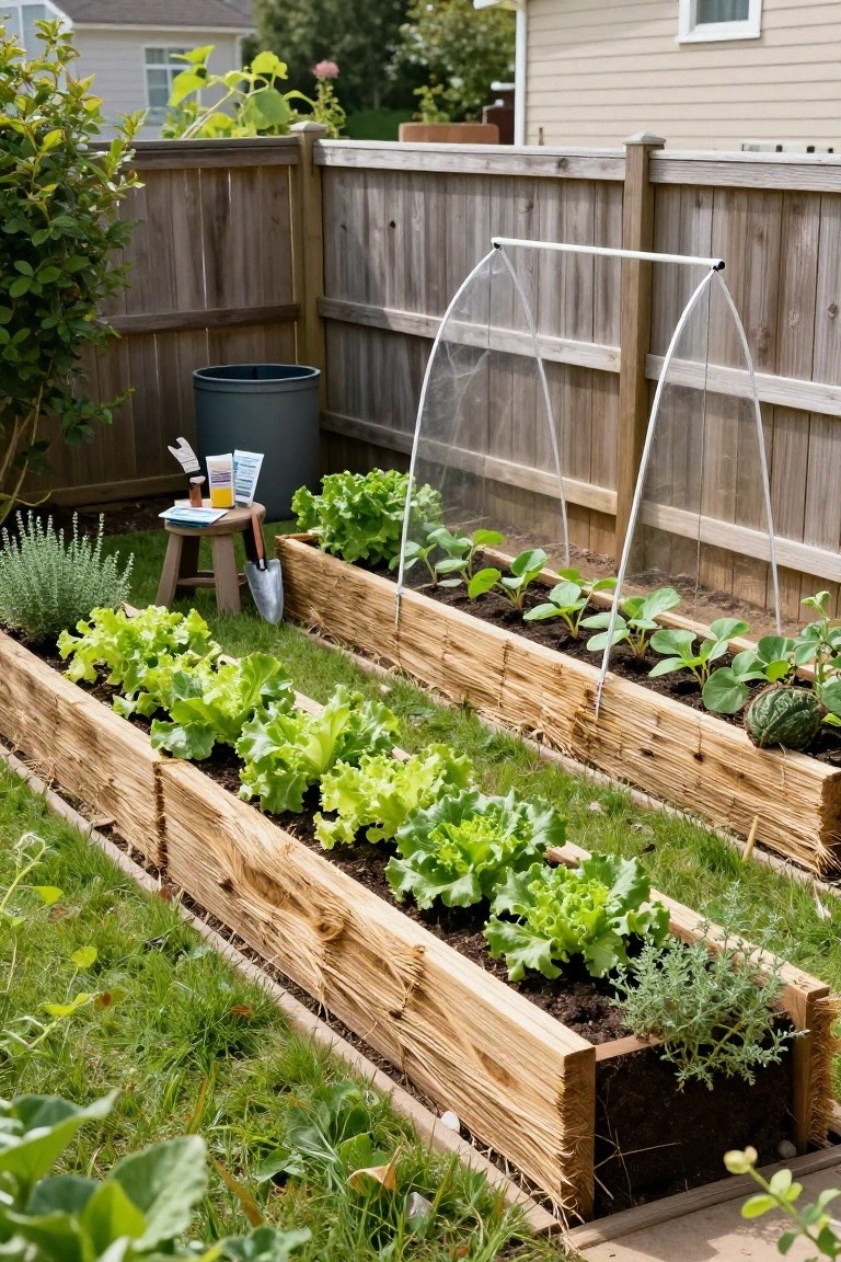 Backyard with multiple wooden raised garden beds planted with lettuce, beans, and herbs, including a hoop house cover over one bed, surrounded by grass and a wooden fence.