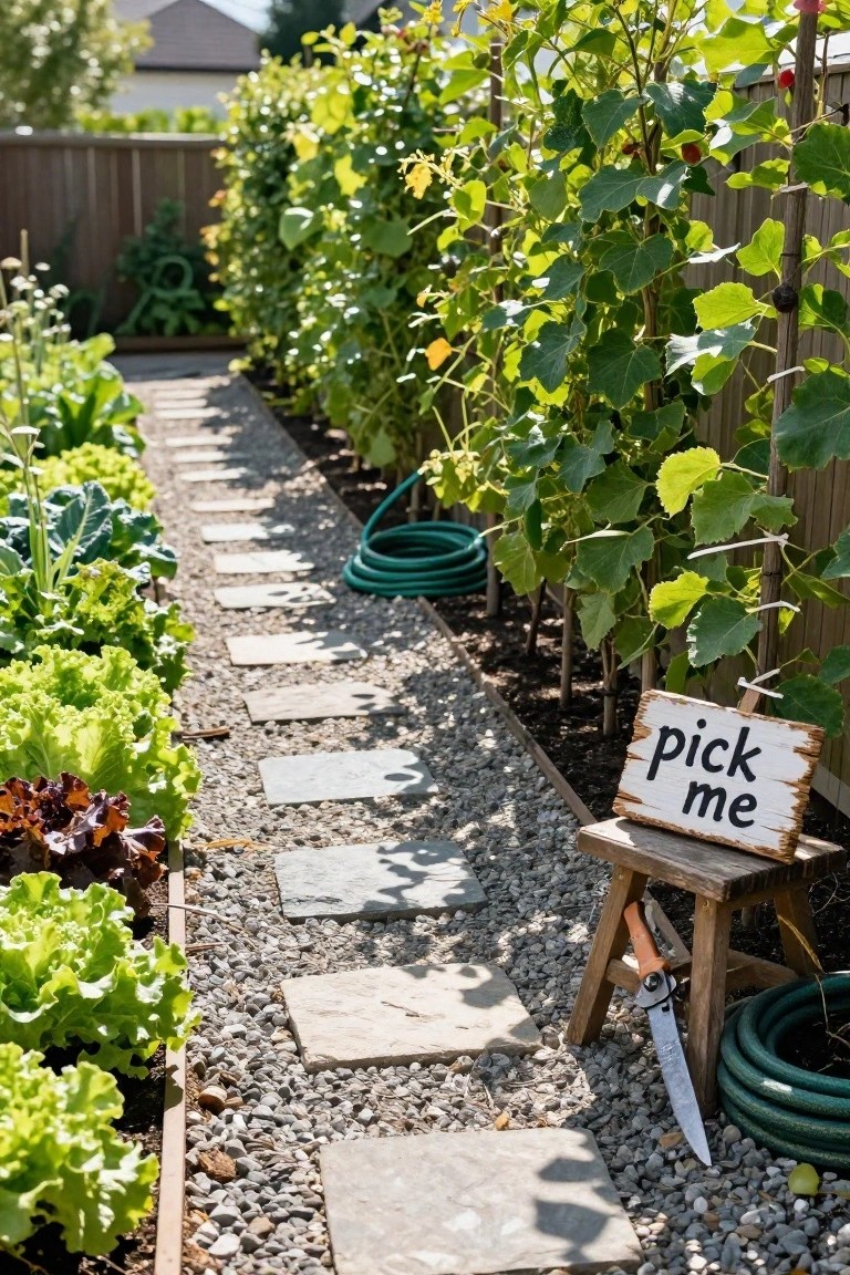 Narrow stone path lined with raised beds of green and red lettuce in a backyard vegetable garden, with trellised vines, a "pick me" sign on a wooden stool, pruning shears, and a green hose nearby.