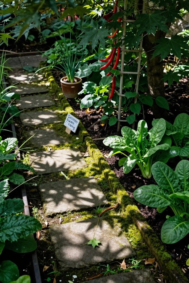 Moss-covered irregular stone pavers form a pathway through raised garden beds with spinach, chard, onions in a pot, and red peppers climbing a wooden trellis amid green foliage.