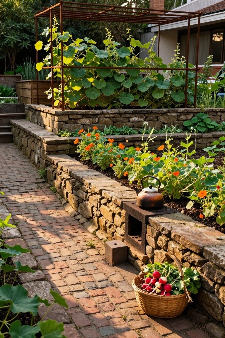 A backyard garden with terraced raised beds made of stone walls containing vegetables and flowers, a brick path beside them, a metal arch with pumpkin vines, a copper kettle on the wall, and a basket of radishes at the base.
