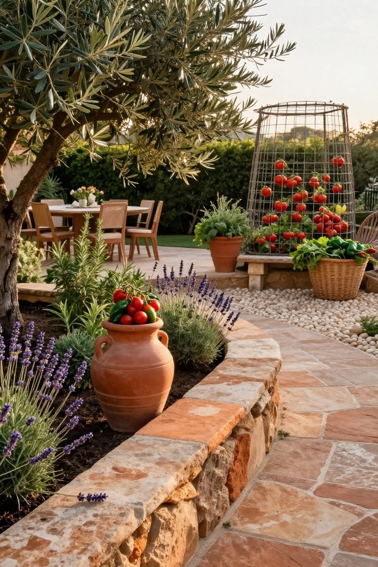 Curved gravel garden path along a low stone wall edged with lavender plants and a large terracotta pot filled with red tomatoes and green peppers, with tomato vines growing vertically in a wire cage structure nearby, olive tree and outdoor dining area in background.