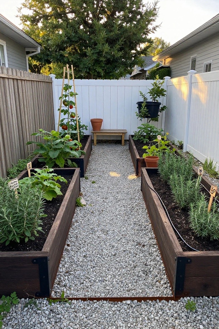 Fenced backyard garden with parallel wooden raised beds planted with tomatoes on a trellis, pumpkins, and herbs like rosemary, separated by a central gravel path.