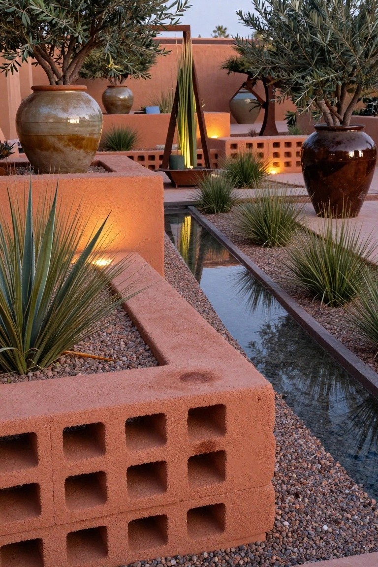 Stacked terracotta blocks form raised garden beds planted with agave and grasses beside a narrow reflecting water channel, with large glazed pots holding olive trees, gravel ground cover, and illuminated orange walls in a landscaped outdoor area at dusk.