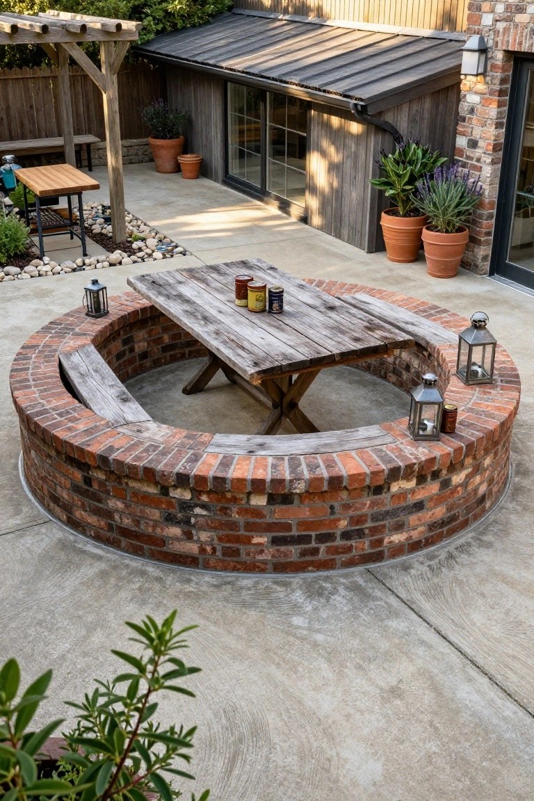 Circular brick fire pit with wooden table and lanterns in patio.