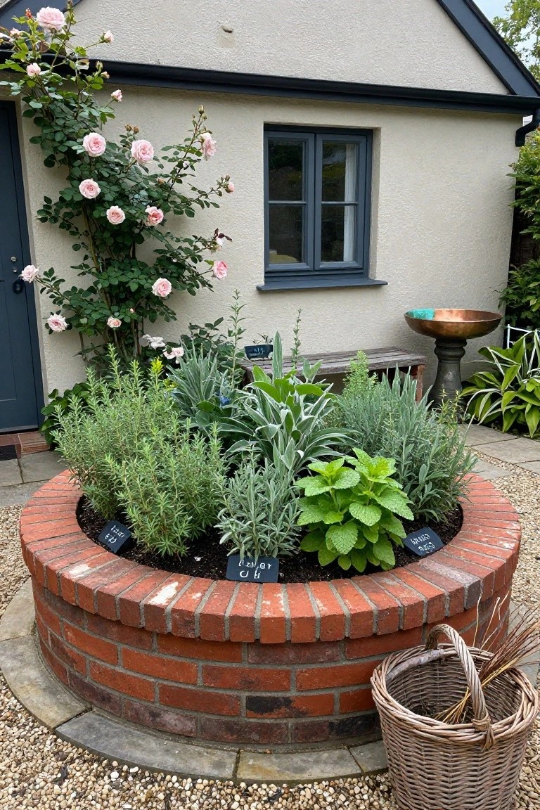 Circular raised brick garden bed planted with herbs including rosemary, lavender, basil, and mint, labeled with chalkboard signs, positioned beside a rendered house wall with a dark blue door, climbing pink roses, a copper bird bath on a stand, and a wicker basket nearby on gravel paving.