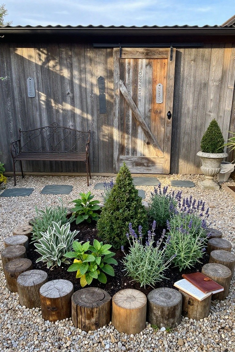 A circular herb garden edged with stacked log rounds containing lavender, hostas, and conifers, set on gravel near a rustic wooden shed with a metal bench and stepping stones.
