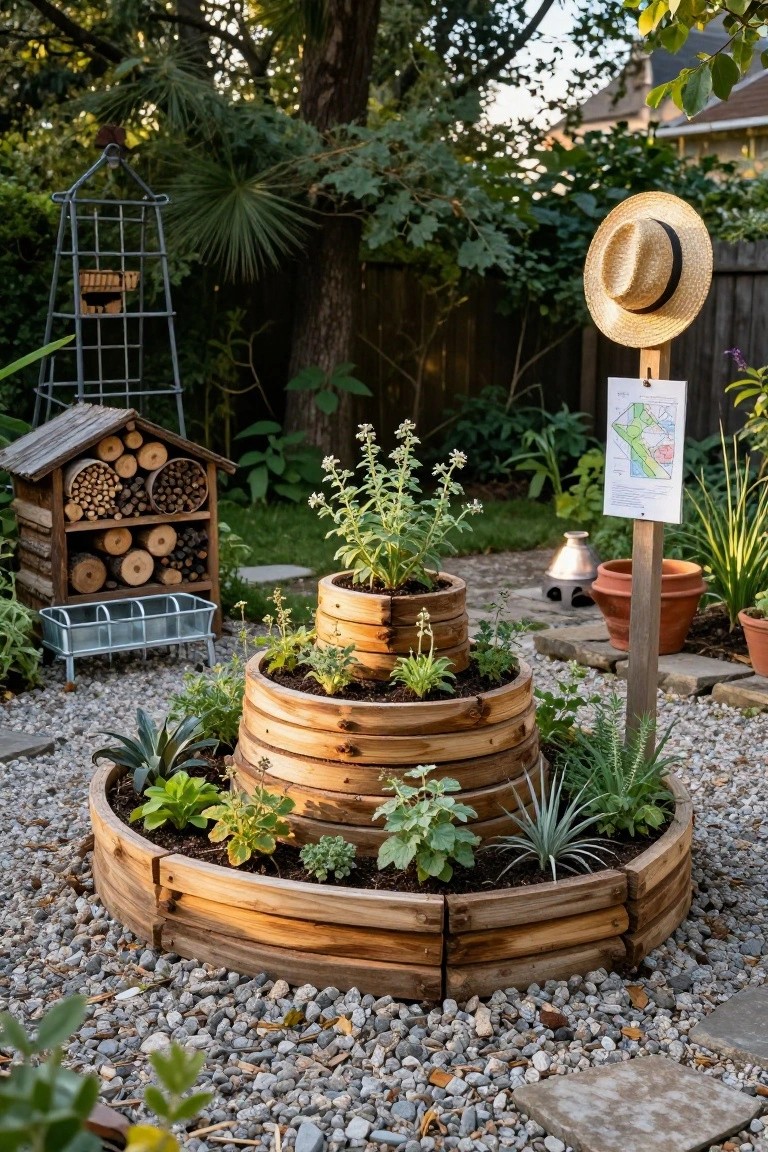 A rustic wooden tiered spiral planter filled with herbs, succulents, and small plants, set on gravel in a backyard garden with a bee hotel, bird feeder, and surrounding potted plants and greenery.