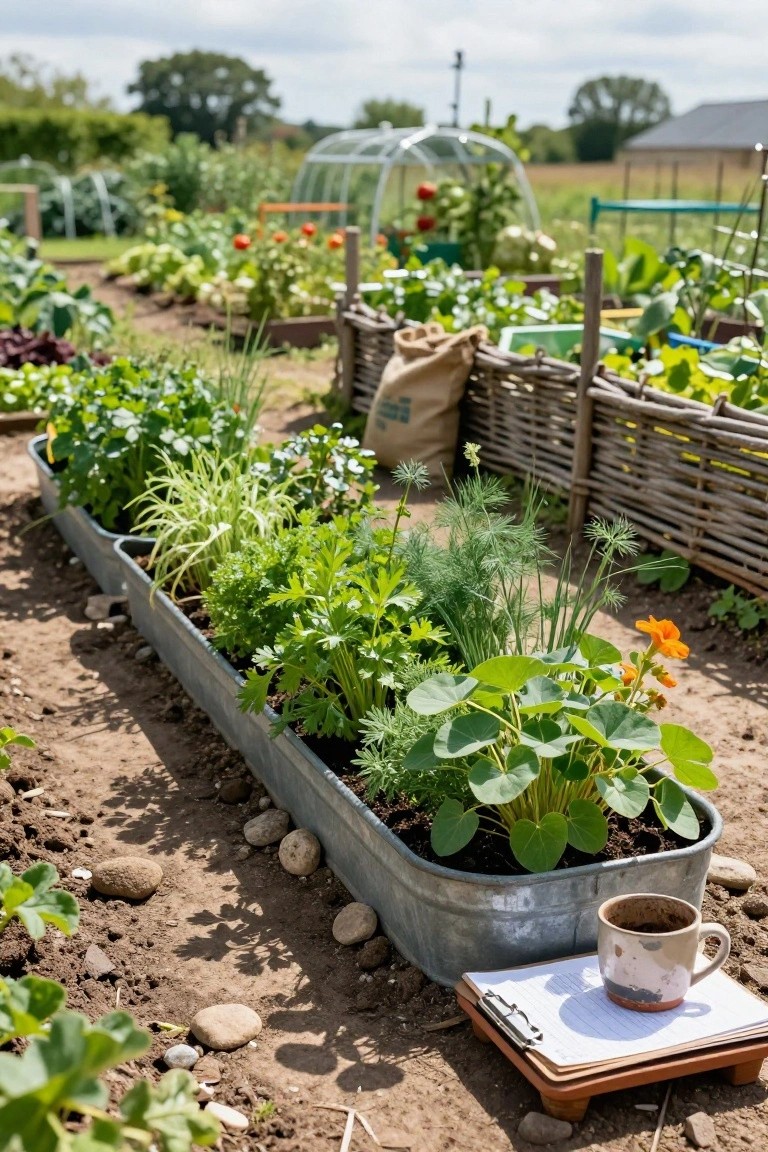 Long galvanized metal trough planters filled with herbs including parsley, dill, and chives along a dirt garden path, with a coffee mug and clipboard on a wooden stand nearby, surrounded by other vegetable beds, a greenhouse, and wicker fencing.