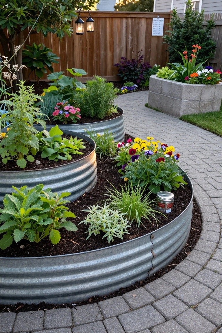 A three-tiered spiral raised garden bed made from stacked corrugated galvanized metal tubs filled with herbs, greens, and colorful flowers, edged by a curved brick paver path in a backyard near a wooden fence.