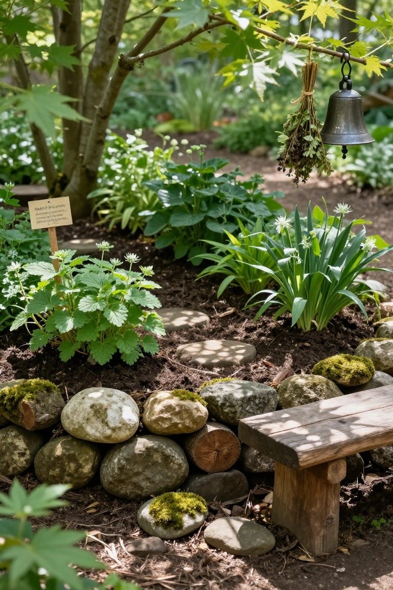 Moss-covered stacked stones form a curved low wall around a spiral herb garden bed with green plants like lady's mantle and garlic chives, a wooden bench nearby, and a stepping stone path in a shaded garden setting.