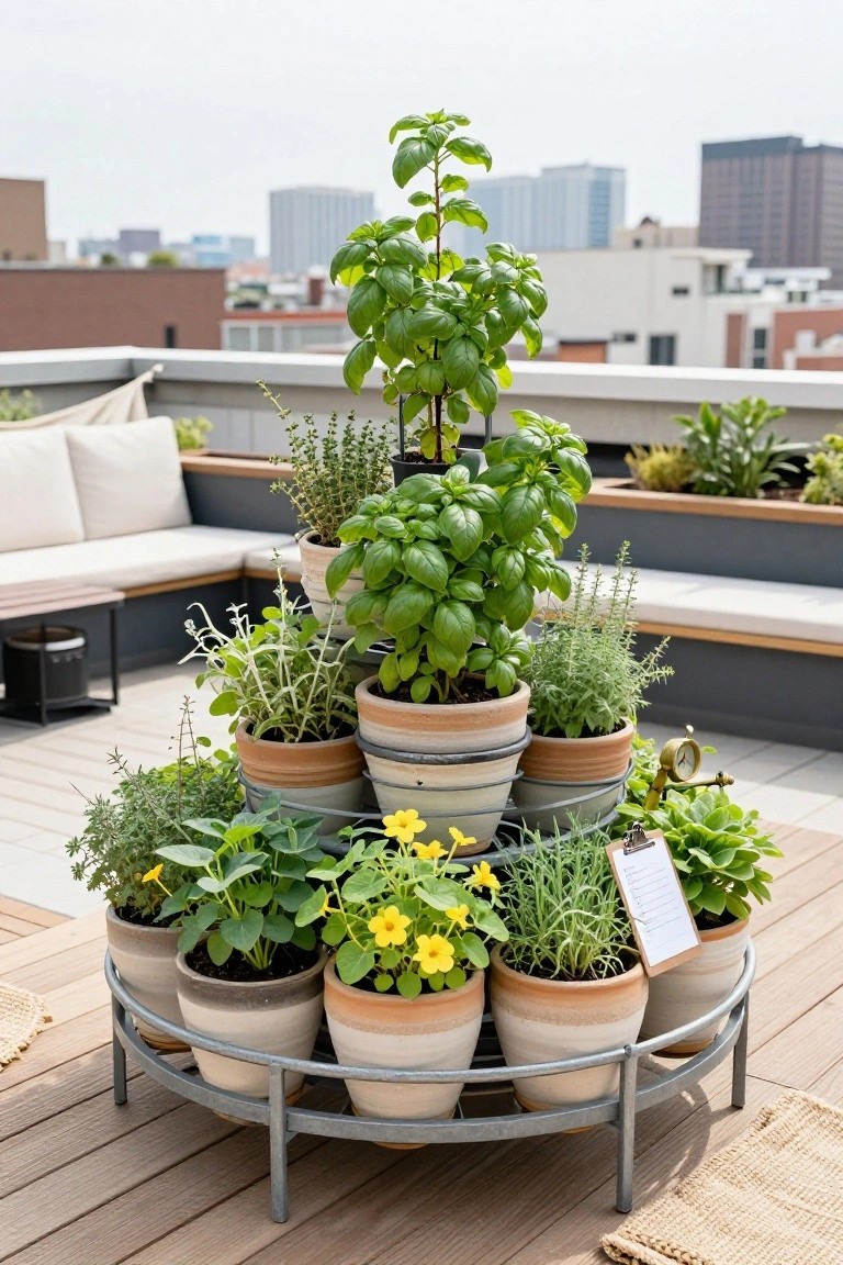 Tiered circular metal stand with multiple terracotta pots of herbs and flowers on a wooden rooftop deck beside cushioned bench seating and city buildings in background.