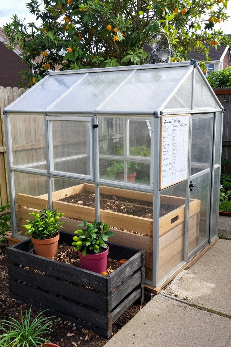 Small backyard greenhouse with metal frame and clear panels enclosing a wooden raised bed filled with soil, potted plants outside including citrus in terracotta and pink pots, whiteboard on the side listing plants, orange tree and fence in the background.