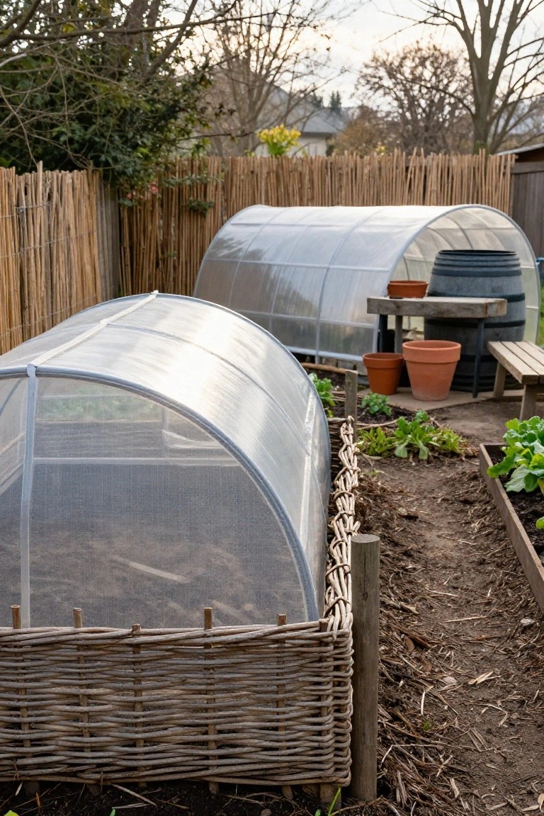 Backyard garden with two translucent arched cold frames over raised vegetable beds, woven willow edging, terracotta pots, wooden barrels on a bench, and pak choi plants beside bamboo fencing.