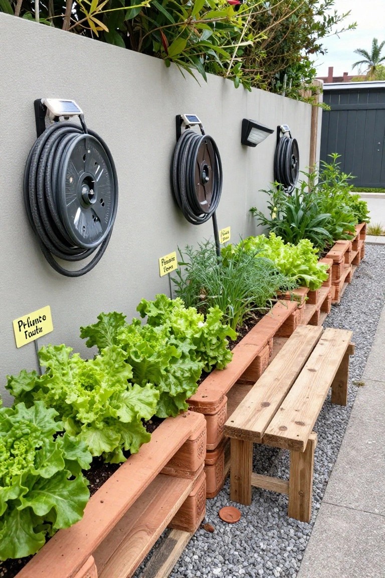 Garden along a concrete wall with stacked wooden pallet planters growing lettuce, herbs like parsley and chives, wall-mounted black hose reels, solar-powered lights, and a wooden bench on a gravel path beside terracotta pots.
