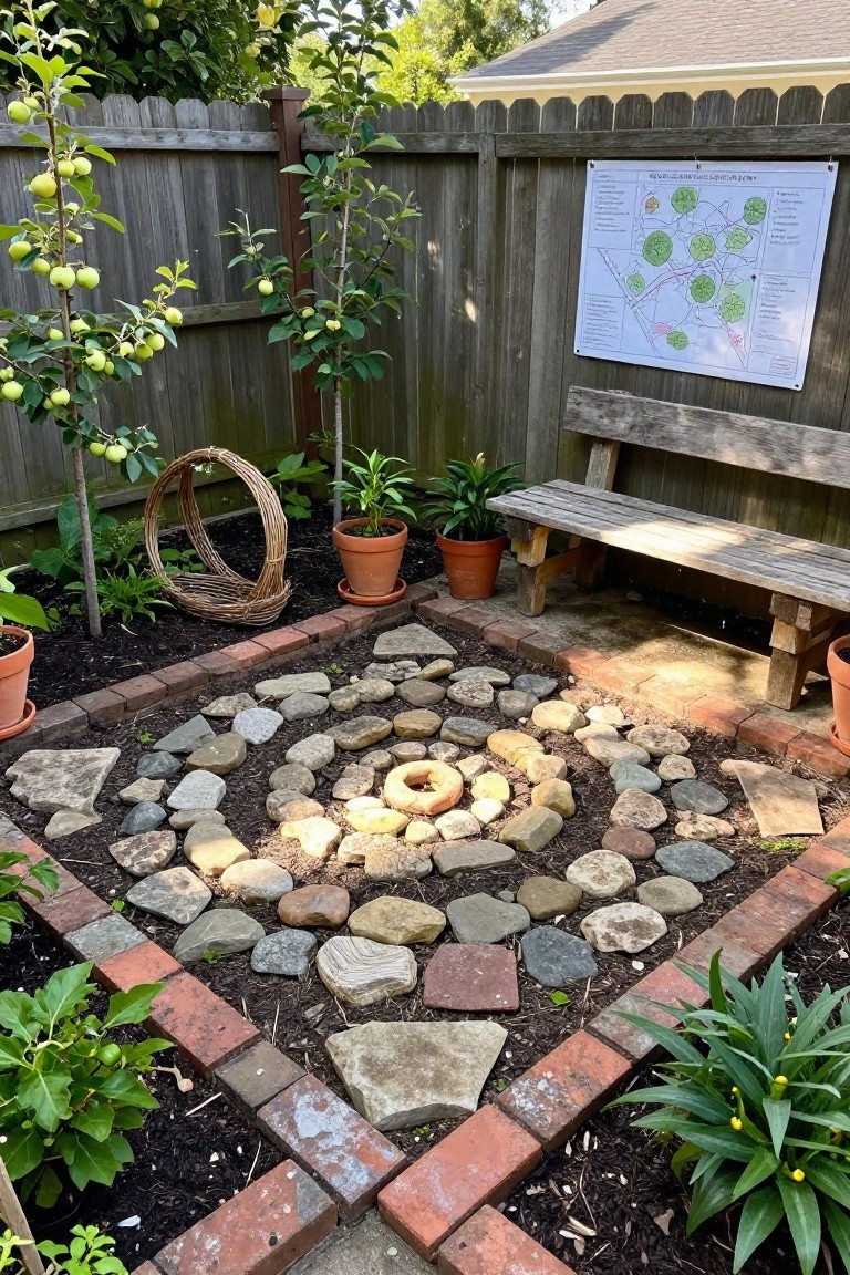Backyard garden area with young apple trees along a wooden fence, potted plants, a wicker basket, wooden bench, and central spiral of assorted rocks in a brick-bordered mulched bed, plus a garden map poster on the fence.