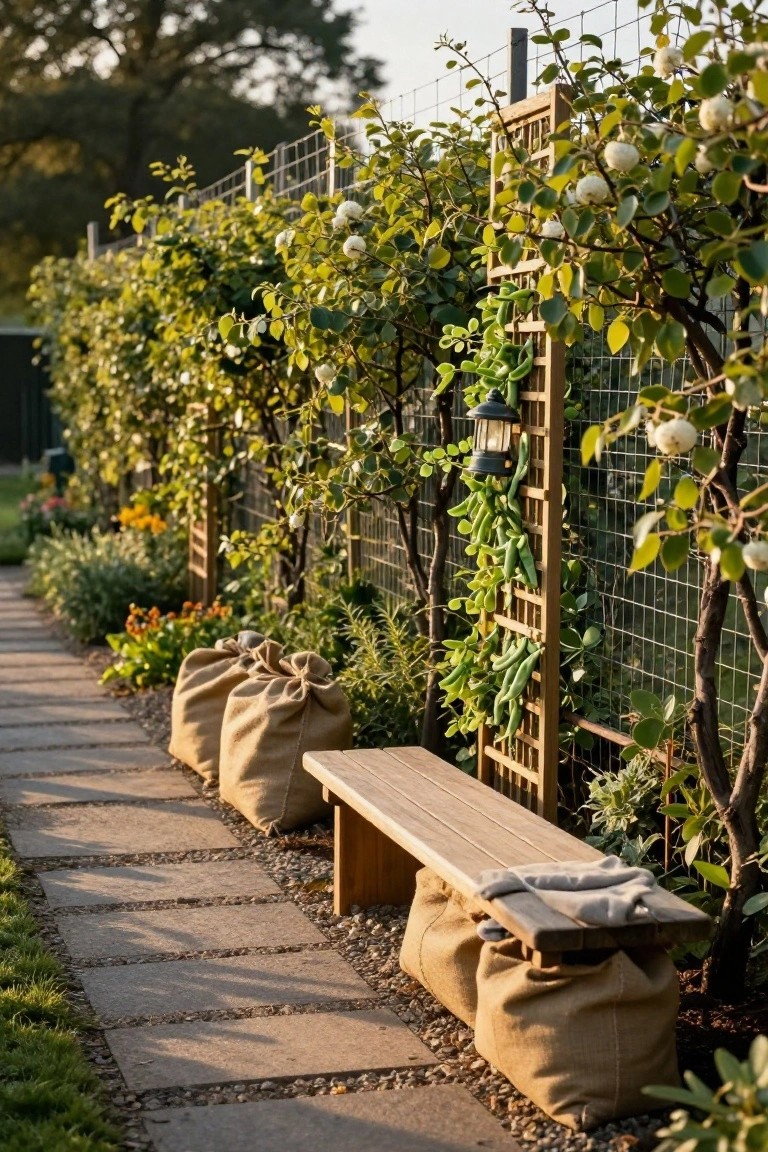 Stone garden path lined with burlap sacks, wooden bench, trellis covered in green beans, and wire fence with shrubs bearing white berries and green leaves.