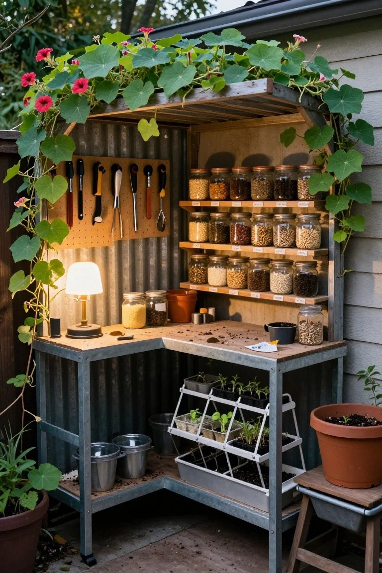 Corrugated metal outdoor potting bench with vine cover, tool pegboard, shelves of seed jars, desk lamp, seedlings in racks, buckets, and potted plants nearby against a house wall.