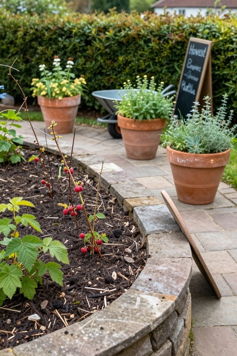 Curved raised stone garden bed with raspberry plants bearing red berries and green leaves, terracotta pots with herbs, a wheelbarrow, and a chalkboard sign near a paved path.