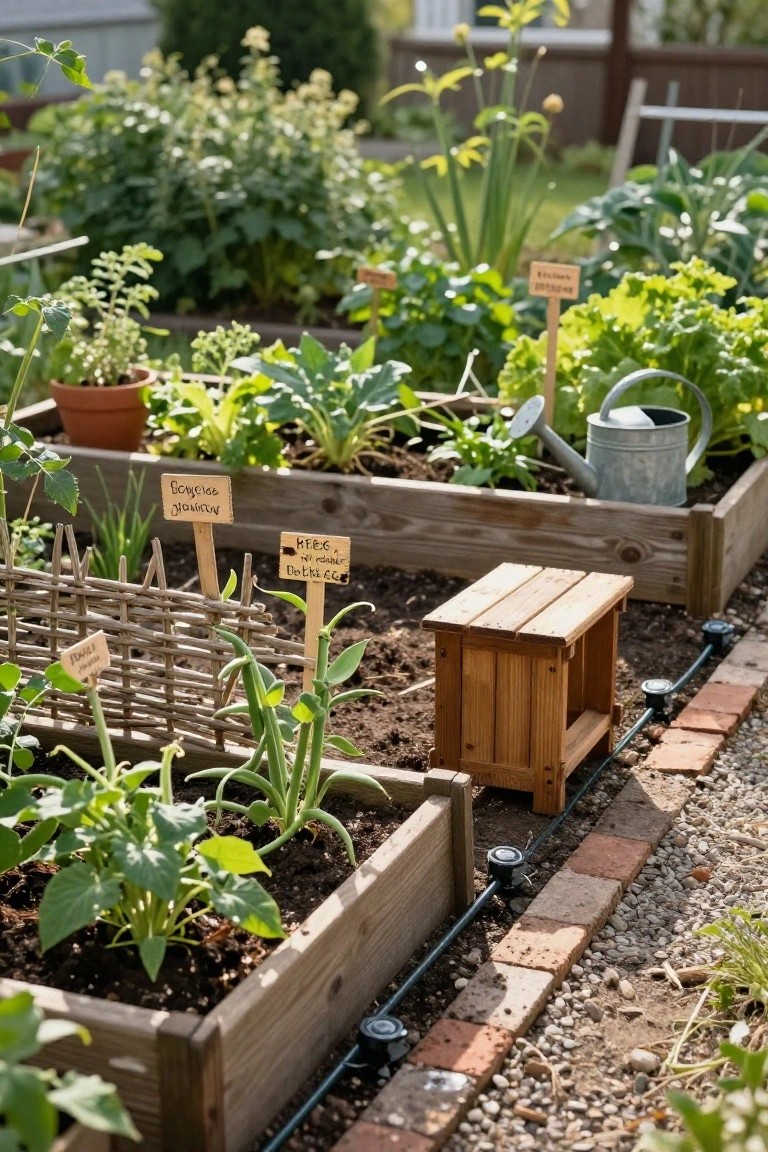 Wooden raised garden beds in a backyard with young vegetable plants on labeled stakes including dill, leeks, beans, and others, a metal watering can, small wooden stool, drip irrigation tubing, and brick and gravel path edging.