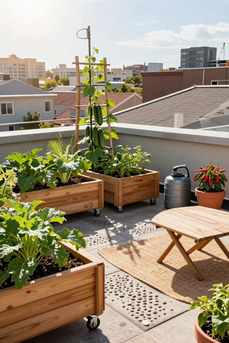 Rooftop terrace featuring wooden raised planters on wheels filled with leafy greens, cucumbers growing on a bamboo trellis, and other vegetables, alongside a small wooden table, metal watering can, potted chili peppers, and a cityscape background.