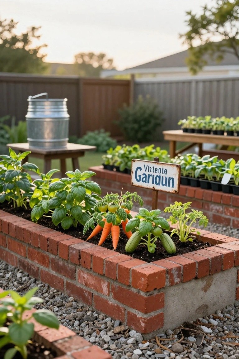 Backyard raised brick garden bed filled with basil plants, tomato vines, carrots, and cucumber seedlings, with a metal sign reading