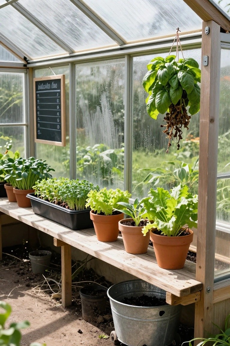 Wooden greenhouse interior with raised benches holding black trays of sprouts, terracotta pots of lettuce and other greens, hanging basil plant, and a chalkboard sign on the wall.