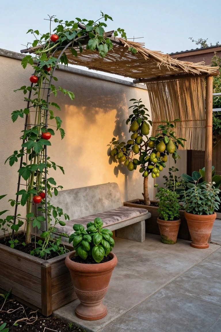 Backyard patio with concrete bench under arched metal trellis covered in tomato vines and thatched roof, surrounded by raised wooden bed, terracotta pots of basil and other plants, and potted citrus tree against beige wall.