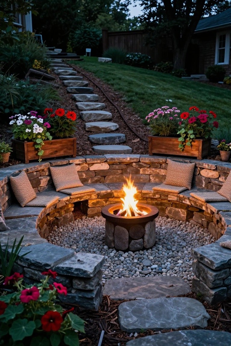 A circular stone fire pit with built-in seating and cushions, set in a gravel area beside a winding stone path and wooden flower planters.