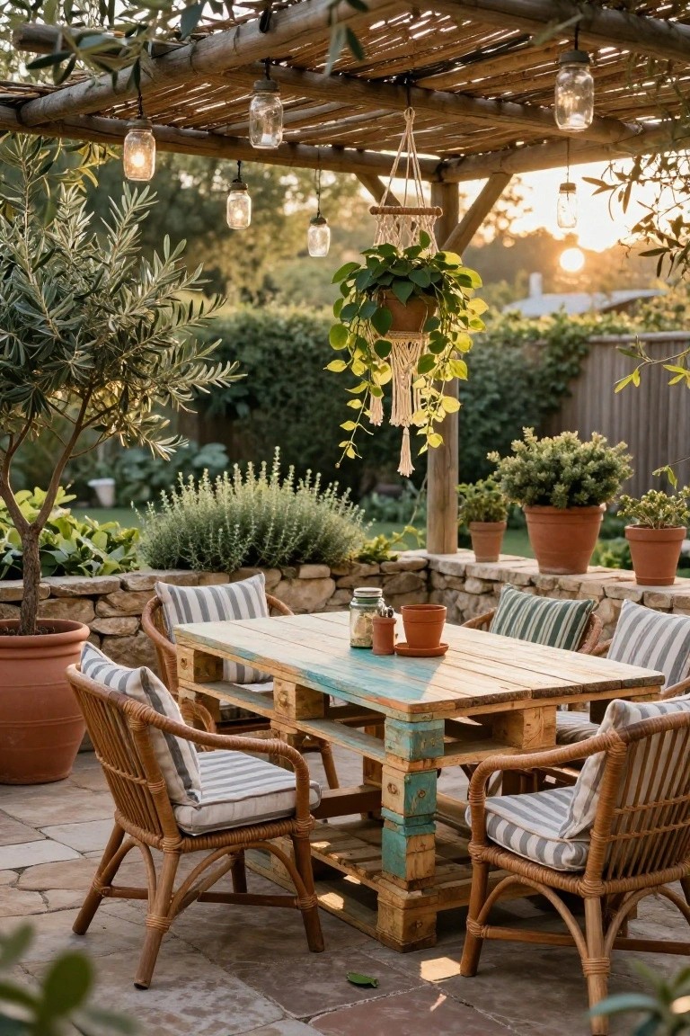 Outdoor patio dining area with a rectangular table made from wooden pallets painted blue on edges, four rattan armchairs with striped cushions, potted plants and olive trees around a stone wall, under a bamboo pergola strung with mason jar lights at sunset.