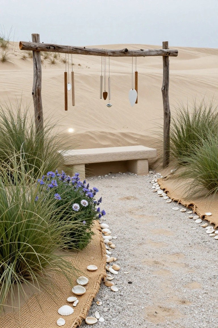 A gravel garden path bordered by seashells and burlap leads to a rustic wooden structure with hanging wind chimes, a concrete bench, and flowering plants in a sandy landscape.