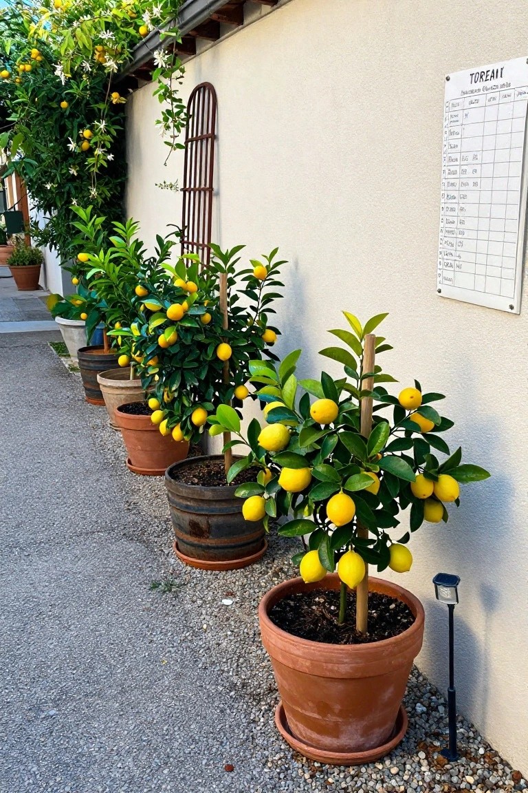 Row of potted lemon trees in terracotta pots and barrels lined along a gravel path next to a white stucco wall, with climbing lemon vine overhead and a whiteboard chart mounted on the wall.