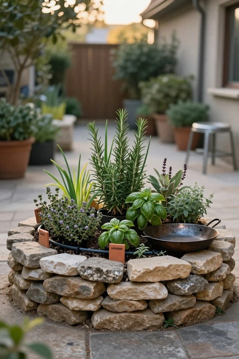 Circular raised garden bed made from stacked natural stones containing various herbs like rosemary, basil, thyme, and lavender on a paved patio with surrounding potted plants and a house wall in the background.