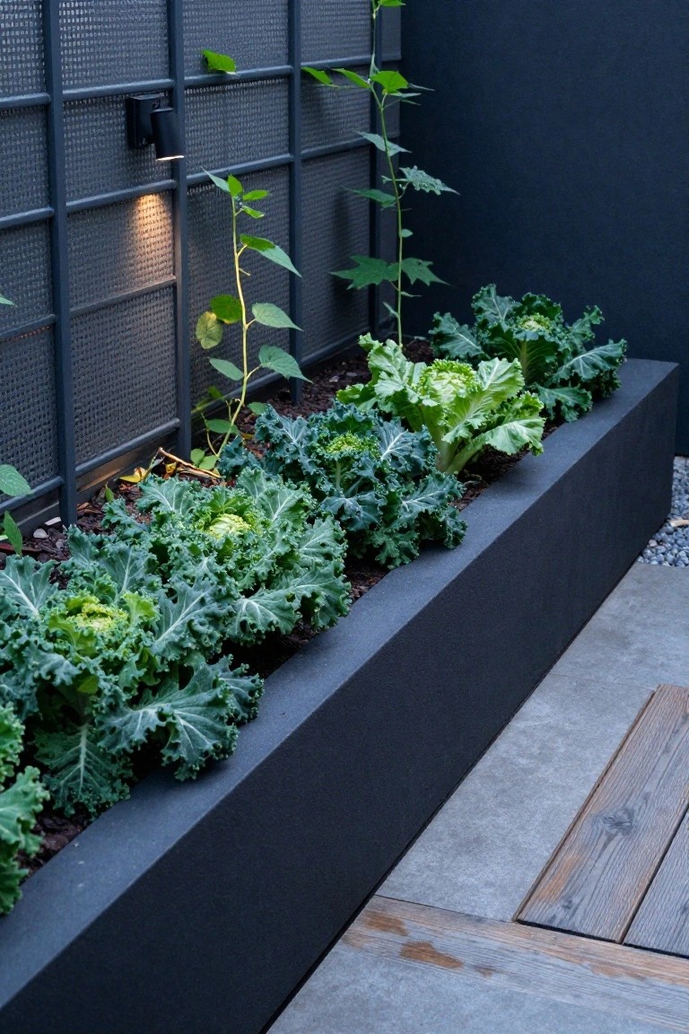 Long black rectangular raised planter filled with kale and lettuce plants against a dark metal lattice wall on a concrete patio with uplighting, climbing vines, and gravel mulch.