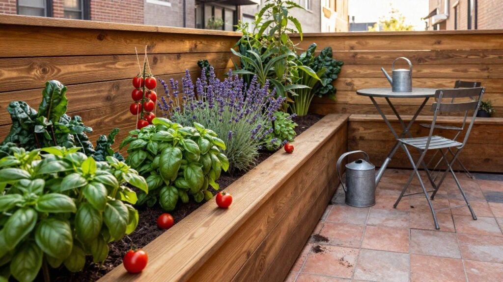 20 Chic Patio Vegetable Garden Ideas for Small Outdoor Spaces Wooden raised planter bed along a fence containing tomato plants, basil bushes, lavender, and other greenery, with a small round table, folding chairs, and metal watering can on brick pavers.